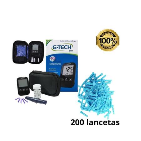 Imagem de Aparelho de glicemia Completo + 200 Lancetas G -tech para medir Diabetes