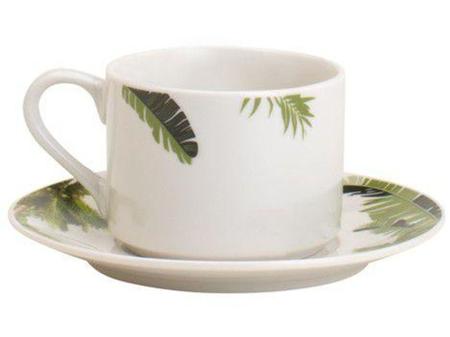 Imagem de Aparelho de Jantar Chá 20 Peças Lyor Porcelana - Redondo Branco e Verde Coqueiro