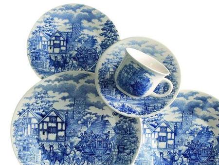 Imagem de Aparelho de Jantar Chá 30 Peças Biona Cerâmica - Redondo Azul e branco Cena Inglesa