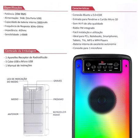 Imagem de Aparelho de Som Bluetooth Para Microfone USB 20W com Luzes