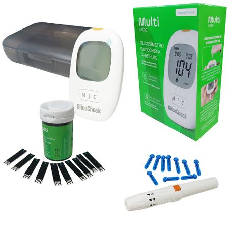 Kit Medidor Glicose Glicemia Aparelho Monitor Medir Diabetes Multilaser  GlicoCheck Multi Saúde Saude Tiras Fitas Tirinhas Fitinhas Lancetas  Lancetador Caneta Lancetadora