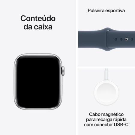 Imagem de Apple Watch SE 44mm GPS Caixa Prateada de Alumínio, Pulseira Esportiva Azul-Tempestade, Tamanho P/M, Neutro em Carbono - MREC3BZ/A