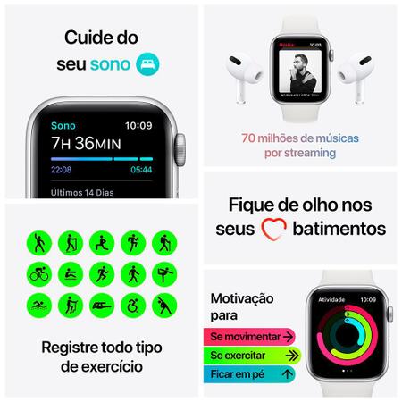 Apple Watch SE (2a geração) GPS, Smartwatch com caixa prateada de alumínio  – 44 mm • Pulseira esportiva branca – Padrão