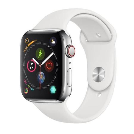Apple Watch Series 4 Cellular 44 mm Aco Inoxidavel Prata Pulseira Esportiva Branca e Fecho Classico MTX02BZ A Apple Watch Series 4 Magazine Luiza