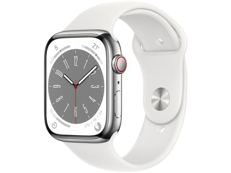 Imagem de Apple Watch Series 8 45mm GPS + Cellular Caixa Prateada Aço Inoxidável Pulseira Esportiva Branca