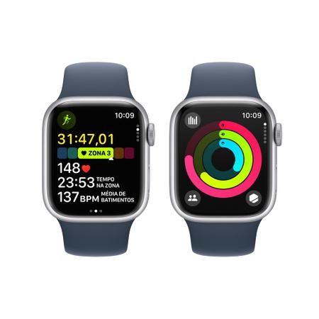Imagem de Apple Watch Series 9 41mm GPS Caixa Prateada de Alumínio, Pulseira Esportiva Azul-tempestade, Tamanho M/G, Neutro em Carbono - MR913BZ/A