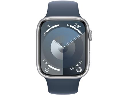 Imagem de Apple Watch Series 9 GPS + Cellular Caixa Prateada de Alumínio 45mm Pulseira Esportiva Azul-tempestade M/G