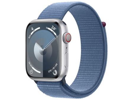 Imagem de Apple Watch Series 9 GPS + Cellular Caixa Prateada de Alumínio 45mm Pulseira Loop Esportiva Azul-inverno (Neutro em Carbono)