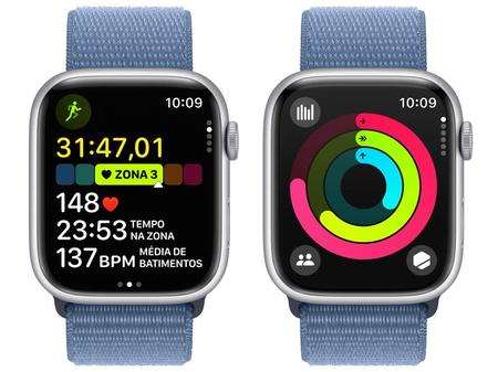 Imagem de Apple Watch Series 9 GPS + Cellular Caixa Prateada de Alumínio 45mm Pulseira Loop Esportiva Azul-inverno (Neutro em Carbono)