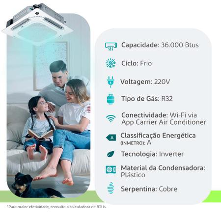 Imagem de Ar Condicionado Split Cassete Inverter R-32 Carrier Connect 36000 Btus Frio 220V Monofásico 40KVQD36C5