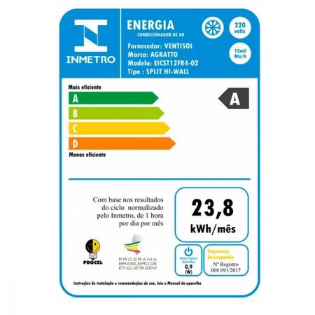 Imagem de Ar Condicionado Split Inverter Agratto Hi Wall Eco 12000 BTUs Frio EICST12FR4R4  220V