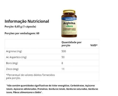 Imagem de Arginina + Boro  Ácido Aspártico Zinco 60 caps - Vitaminlife