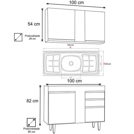 Imagem de Armário Aéreo Indiana e Balcão Gabinete 100cm com Pia Inox Luziania Castanho/Cinza - Lumil