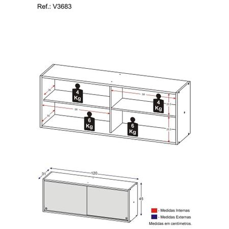 Imagem de Armário de Cozinha Aéreo 120cm 2 Portas Vidro Veneza Multimóveis V3683