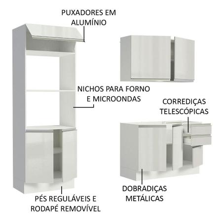Imagem de Armário de Cozinha Compacta 100% MDF Madesa Acordes XB190001 com Balcão e Torre Portas Branco Brilho