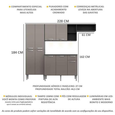 Imagem de Armário de Cozinha Compacta com 3 Leds Balcão com Tampo Pequim Multimóveis Preta/Lacca Fumê