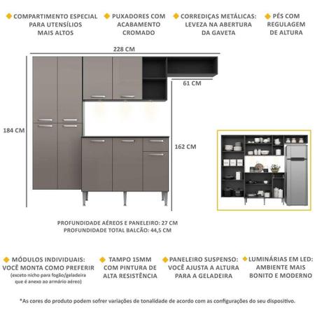 Imagem de Armário de Cozinha Compacta com 3 Leds Balcão com Tampo Pequim Sun Multimóveis Preta/Lacca Fumê