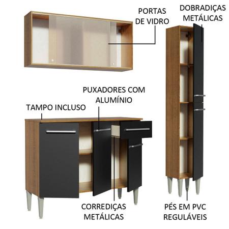 Imagem de Armário de Cozinha Compacta Madesa Emilly Force com Balcão e Paneleiro - Rustic/Preto
