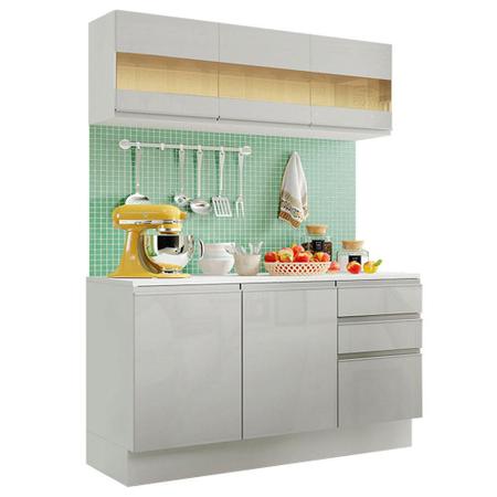 Imagem de Armário de Cozinha Compacta Madesa Smart 100% MDF 120 cm com Balcão e Tampo - Frentes Branco Brilho