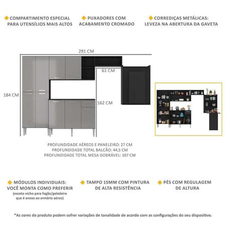 Imagem de Armário de Cozinha Completa com Mesa Dobrável Paris Multimóveis MP2042 Preta/Lacca Fumê