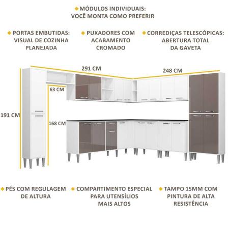 Imagem de Armário de Cozinha Completa com Tampo 11 peças Xangai Pop Multimóveis Branca/Lacca Fumê