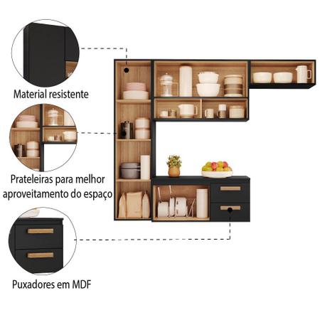 Imagem de Armário de Cozinha Completa Suspenso com Balcão 4 Portas 2 Gavetas Smart Atacama/Preto Aramóveis