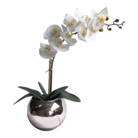 Imagem de Arranjo Orquídea Silicone Branca no Vaso Vidro Espelhado Rose Gold M