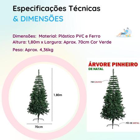 Árvore De Natal Artificial Pinheiro Luxo 1,80 Altura 750 Galhos Decoração  Diferente