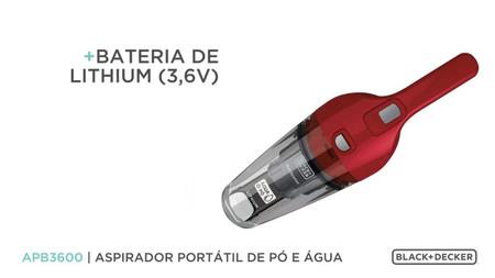 Imagem de Aspirador Pó Água Portátil Sem fio Black Decker Recarregável APB3600 Bateria Filtro Lavável