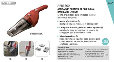 Imagem de Aspirador Pó Água Portátil Sem fio Black Decker Recarregável APB3600 Bateria Filtro Lavável