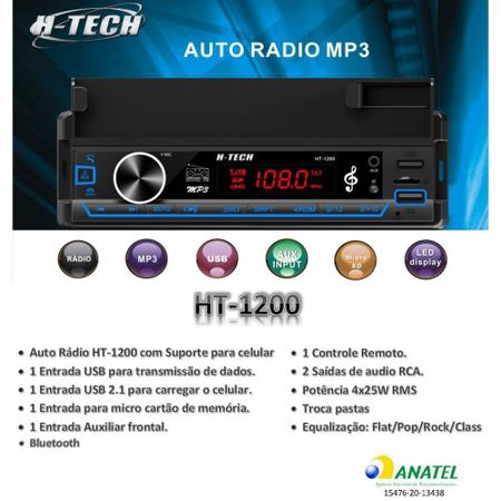 Imagem de Auto Rádio Com Suporte Para Celular Bluetooth USB SD AUX RCA 1Din Universal