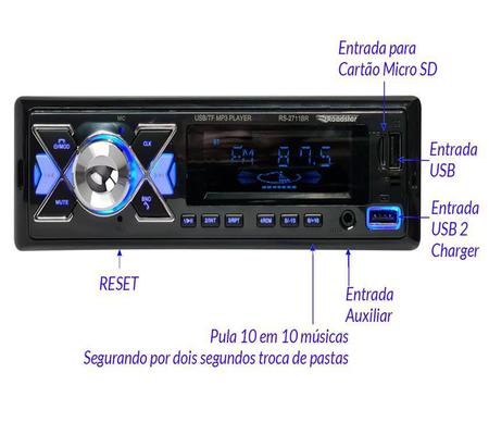 Imagem de Auto Rádio Roadstar RS-2714br PLUS 4 Canais 55W Bluetooth USB FM MP3