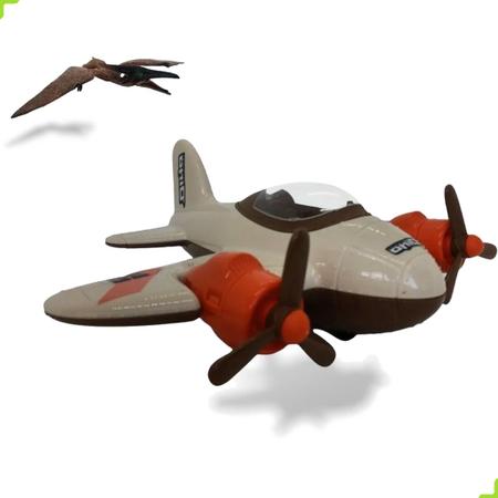 Avião Brinquedo + Dinossauro Pterodáctilo Vinil E Rede Caça - R$ 76,99