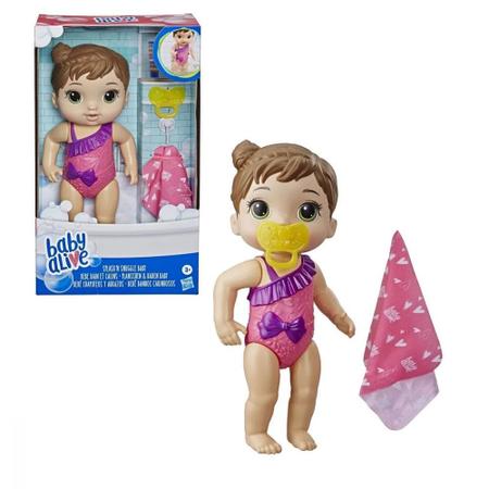 Boneca Baby Alive Banho Carinhoso Morena - Para brincar dentro e fora da  água - E8722 - Hasbro, Cor: Rosa e roxo - Pechinchou