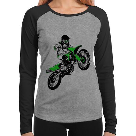 Imagem de Baby Look Raglan Motocross Jump Verde Manga Longa - Foca na Moda