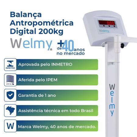 Imagem de Balança Digital Antropométrica Médica Hospitalar Pesar Medir Pessoas até 200 Kg Welmy