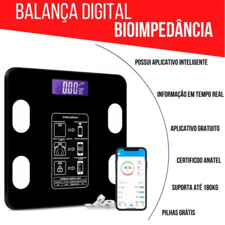 Imagem de Balança Digital Bioimpedância 180KG Display Lcd Bluetooth Fitness Treino Balança De Banheiro