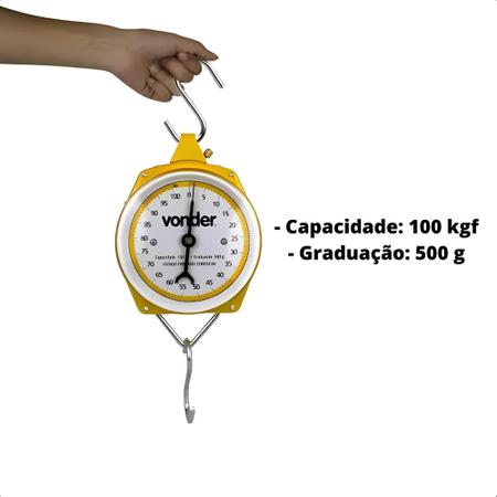 Imagem de Balança Suspensa Tipo Relógio até 100Kg com 2 Ganchos de Metal Graduação 500g Portátil Analógica - Vonder 3885000100