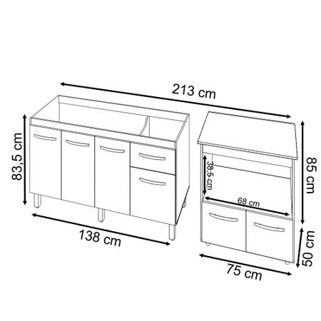 Imagem de Balcão Armário Cozinha Gabinete de Pia 140 cm Camila e Balcão Amanda Parana Microondas e Forno Elétrico Savana Off White