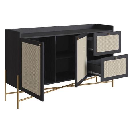 Imagem de Balcão Buffet 2 Portas Oslo Artesano 139 cm (largura) MDP Nero Palha Sintética Bege Pé Metal Dourado