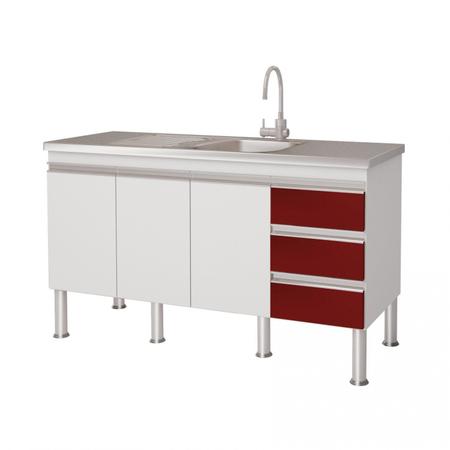 Imagem de Balcão de Cozinha 3 Portas 133,5cm Ibiza MGM Móveis (Balcão Não Acompanha Tampo e Pia) Branco/Vermelho