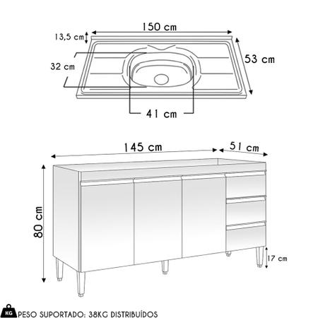 Imagem de Balcão de Cozinha Com Pia Inox 150cm 3 Gavetas Andréia Amêndoa/Preto - AJL Móveis