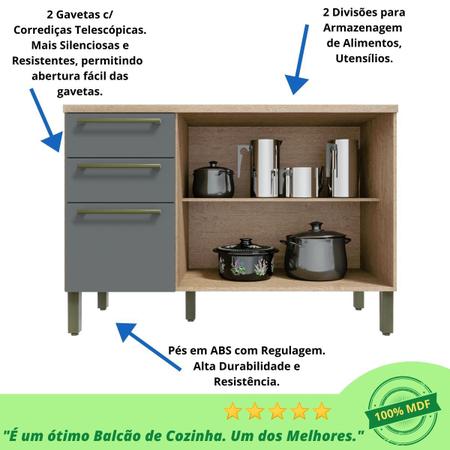 Imagem de Balcão de Cozinha Com Tampo 3 Portas 2 Gavetas Nápoli Prime Castanho/Branco Castanho/Chumbo