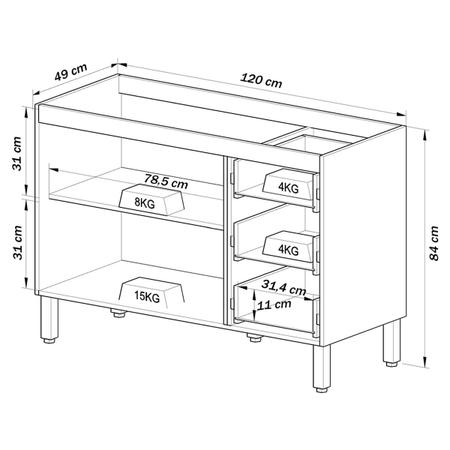 Imagem de Balcão de Cozinha para Pia 120 Cm 2 Portas 3 Gavetas Fumê - Quiditá Móveis