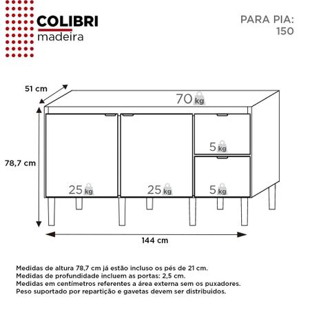 Imagem de Balcão de Cozinha para Pia 150cm 3 Portas 2 Gavetas Cozimax