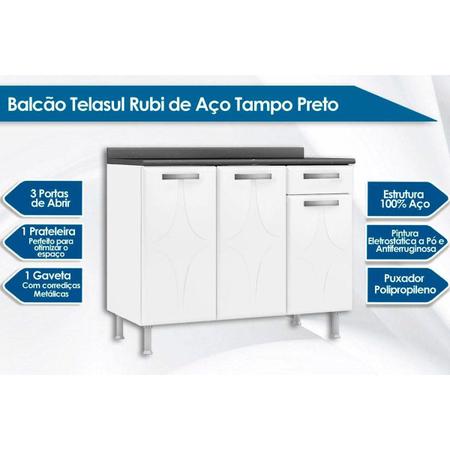 Imagem de Balcão de Cozinha  Rubi 3 Portas e 1 Gaveta c/Tampo Branco/Preto - Telasul