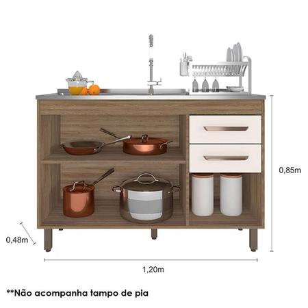 Imagem de Balcão de Pia 3 Portas 2 Gavetas 120cm Flex Cavalho OAK Off White - Poliman