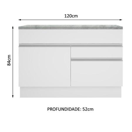 Imagem de Balcão de Pia Armário de Cozinha 120 cm 1 Porta e 2 Gavetas (Com Tampo) Branco Glamy Madesa