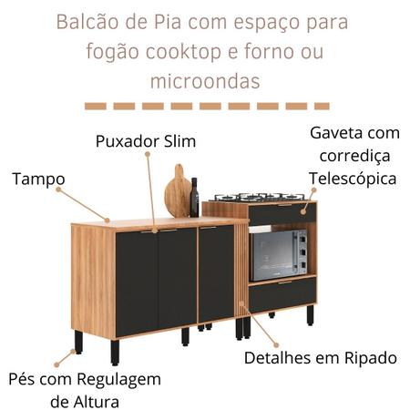 Imagem de Balcão de Pia com Espaço para  Cooktop e Forno 200cm Karina Nogal Preto