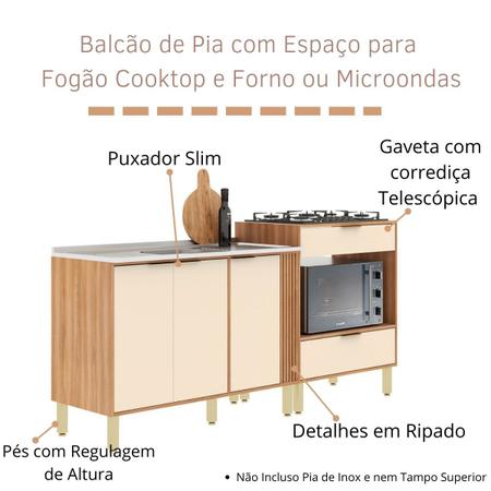 Imagem de Balcão de Pia Com Espaço para Fogão Cooktop e Forno 200cm Karina Nogal Off White
